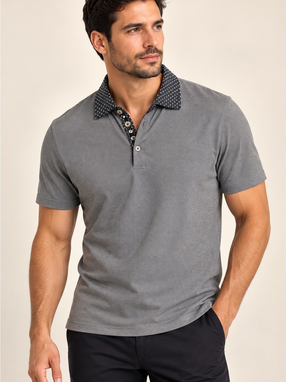 Ted Baker Gray Polo with Contrasting Patterned Collar